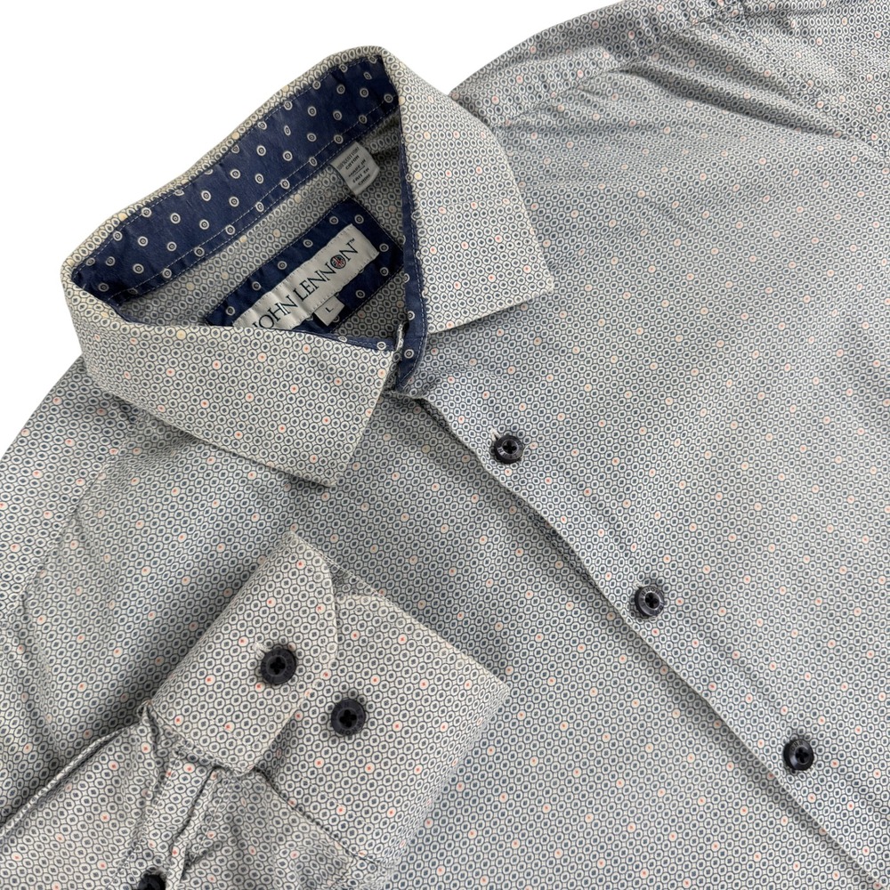 John Lennon Shirt Mens L Blue Geometric Circle Print Long Sleeve Button Down
